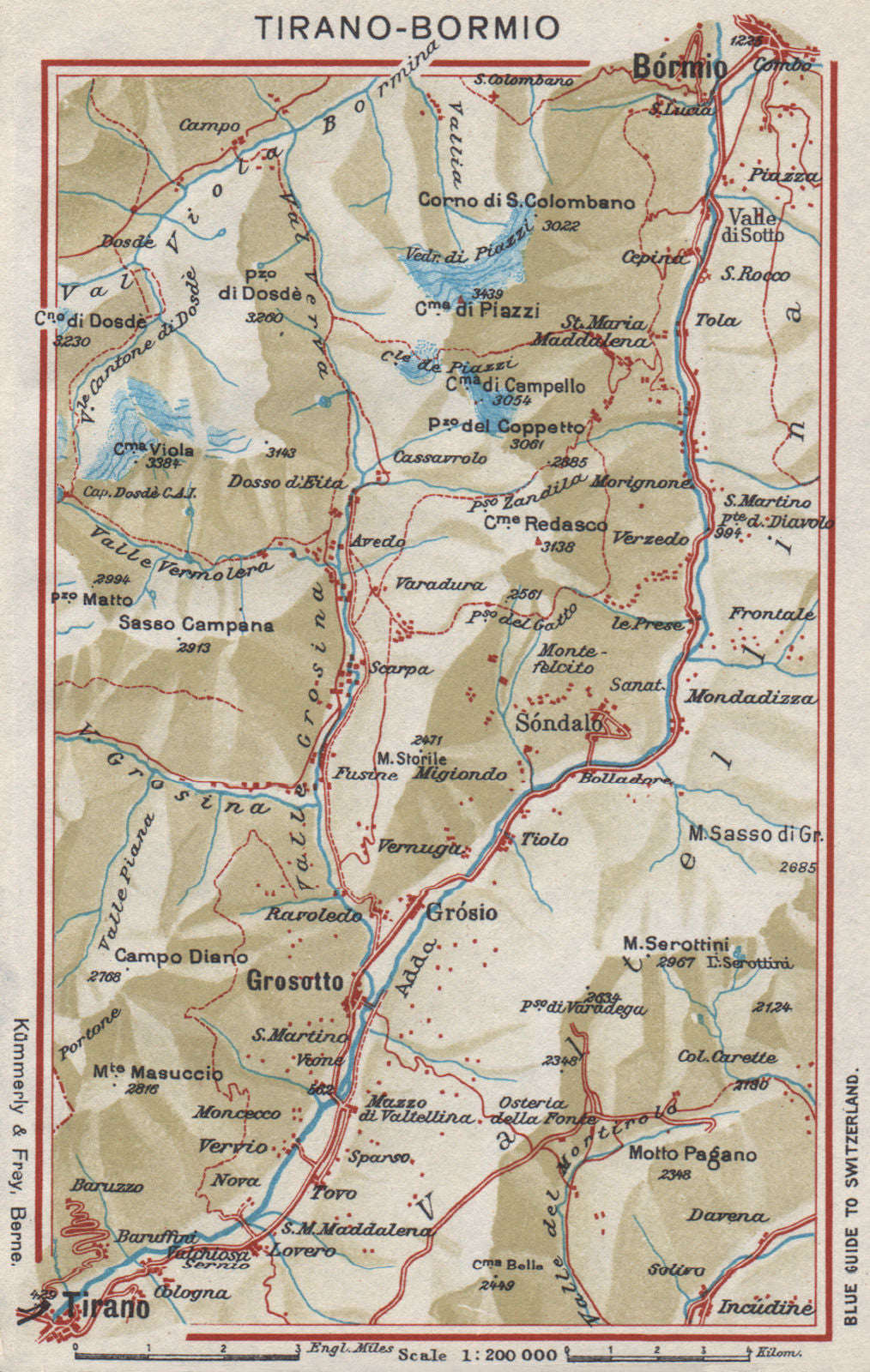 FIUME ADDA. Tirano Bormio Grosotto. Via Stelvio. Vintage map plan. Italy 1948